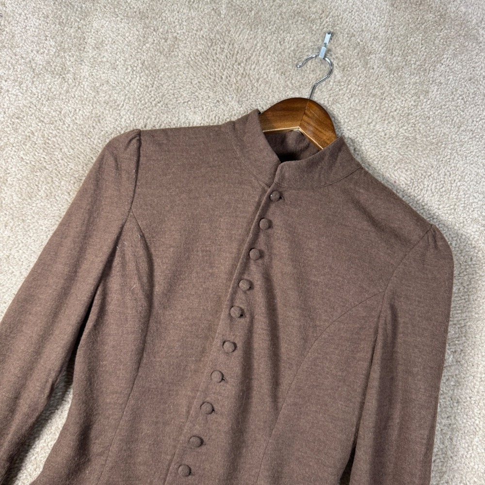 Ralph Lauren Wool Button Front Top Womens Medium Brown Mock Neck Peplum Tailored